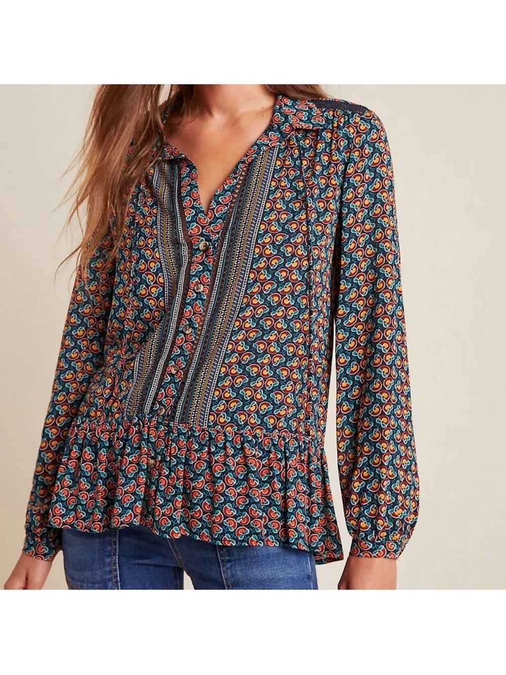 Maeve by Anthropologie Janie Flounced Peasant Blouse In Blue Motif - Size 4